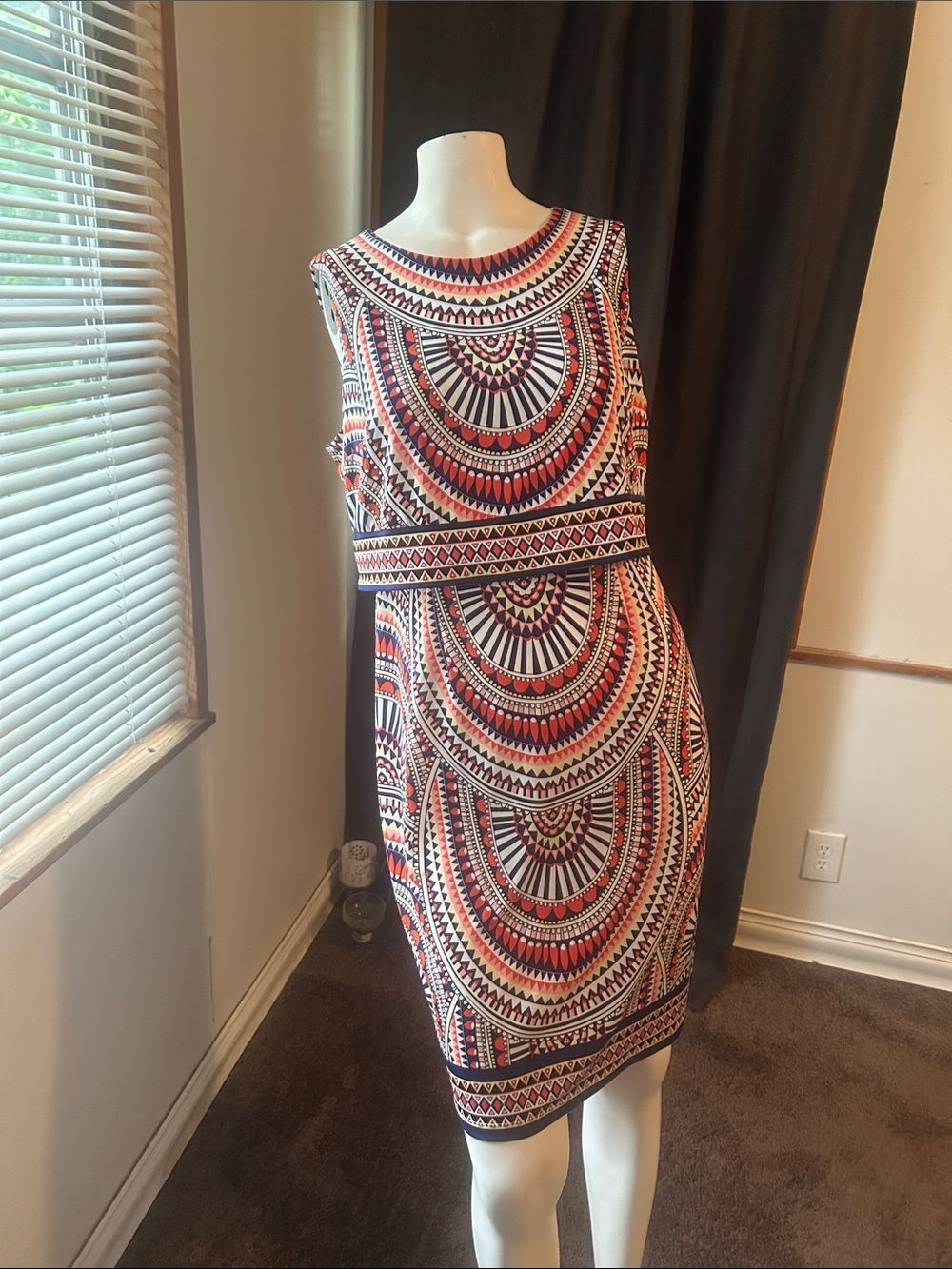 Chico's Sleeveless Geometric Print Sheath Dress - Red, Navy & White